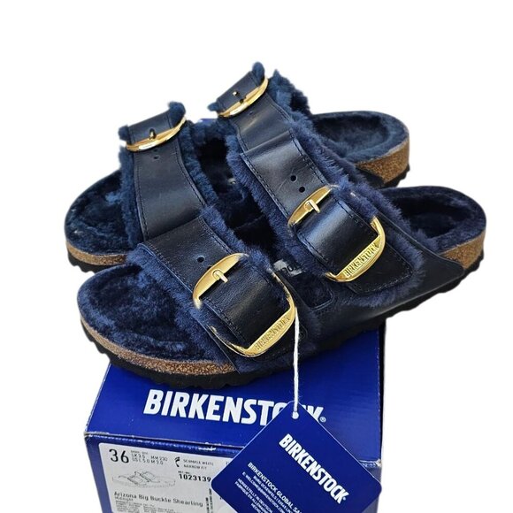 Birkenstock Shoes - Birkenstock Arizona Big Buckle Shearling Sandals, Midnight Blue, Narrow, 36/5